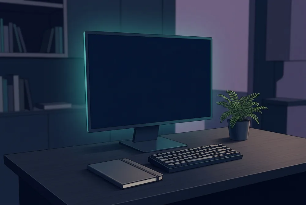 An empty developer desk with a blank dark monitor, a plant and soft teal and violet lighting.