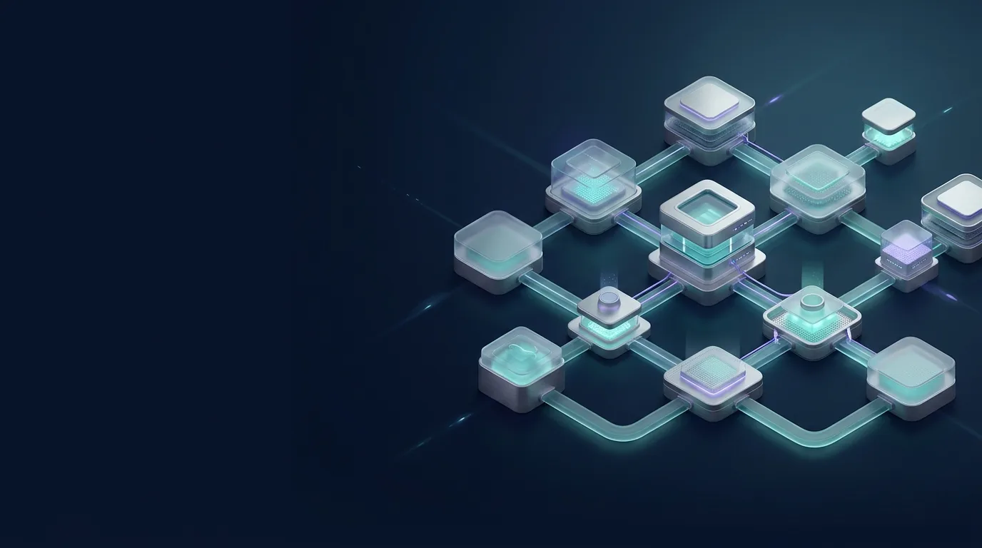 Glowing teal and violet pathways connecting a cluster of abstract system nodes.