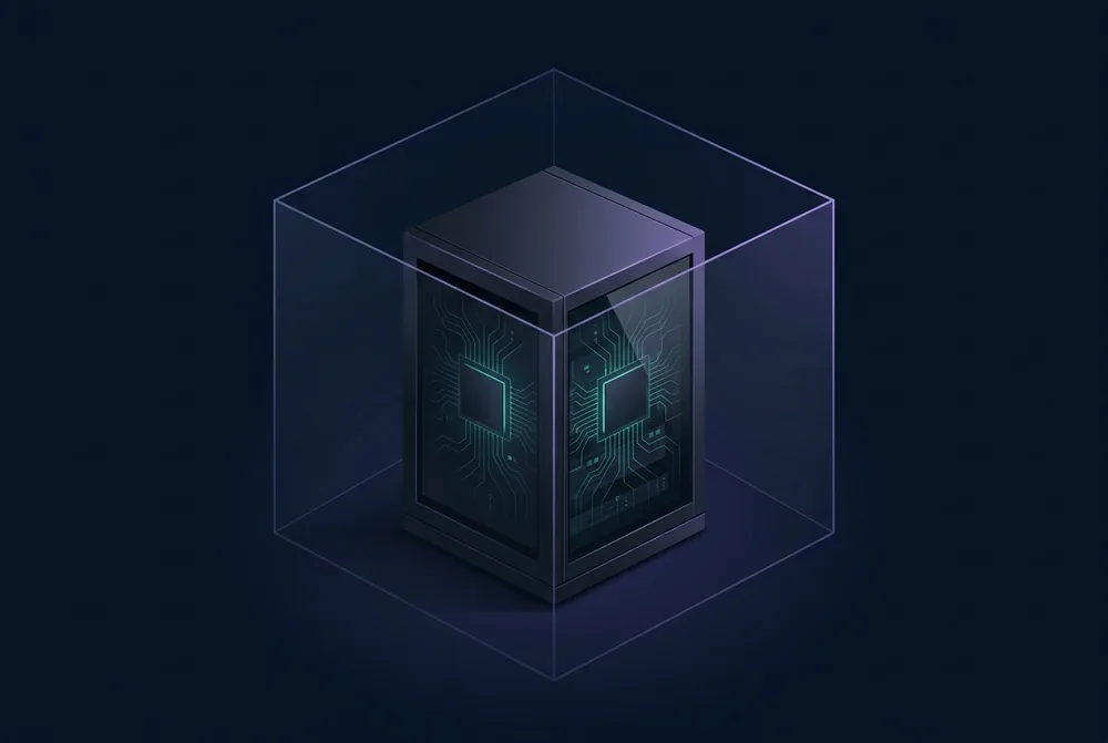A softly glowing processor beside a compact server inside a translucent enclosure.