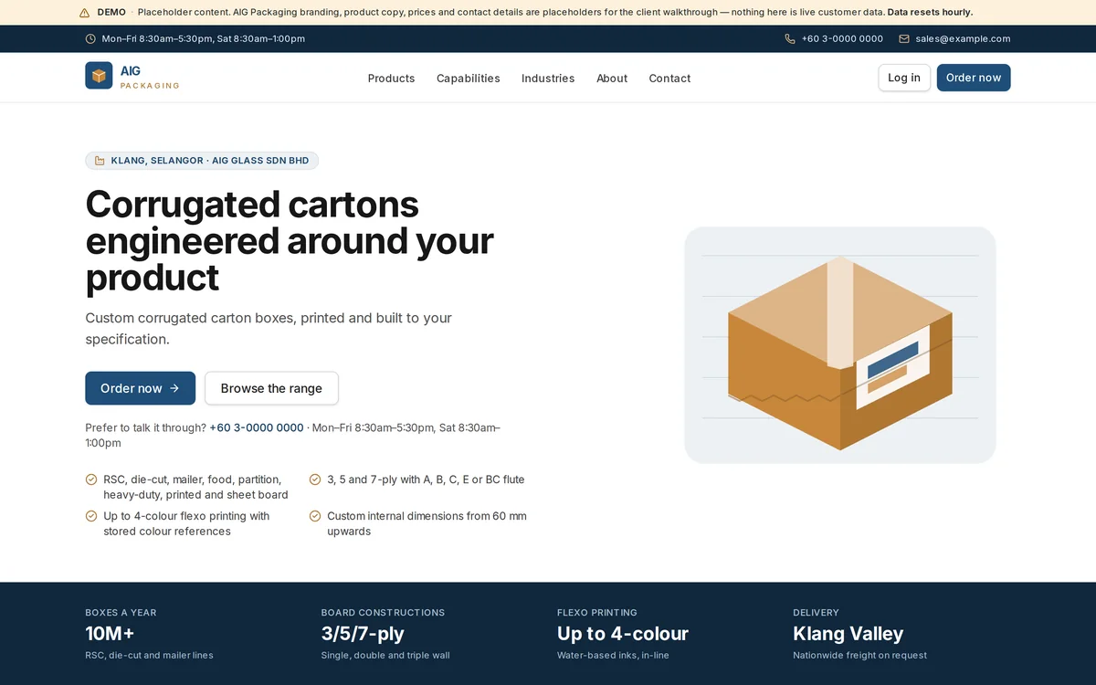 Home page of the AIG Packaging demo: custom corrugated carton supplier with order and browse buttons.