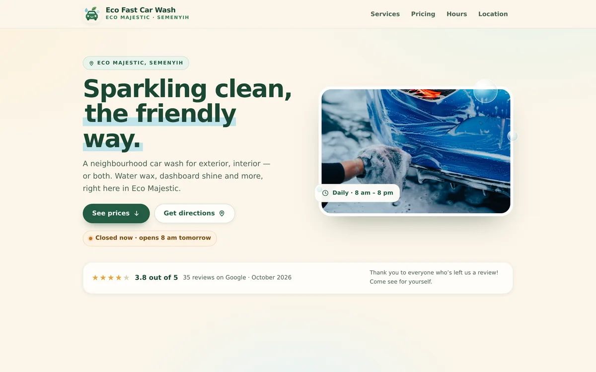 Eco Fast Car Wash landing page with headline, wash photo and a see-prices button.